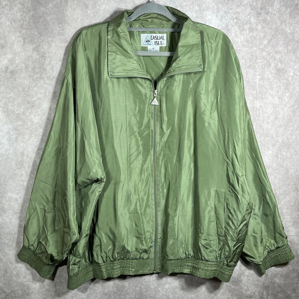 Casual Isle Silk Windbreaker Jacket Mens‎ XL Green Zip Up Long Sleeves Lined Y2K